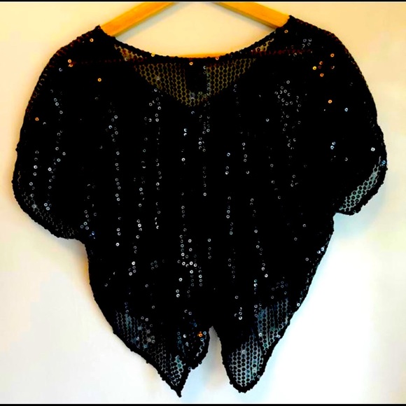 Vintage Free People Black Sequin Sheer Cap Sleeve Blouse - Picture 6 of 16